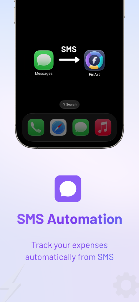 A visual demonstration showing how FinArt tracks expenses automatically from incoming SMS messages on an iPhone