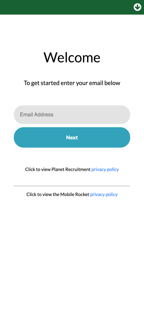 Planet Recruitment - Begrüßungsbildschirm der Planet Recruitment App mit Feld für E-Mail-Adresse und Schaltfläche Weiter