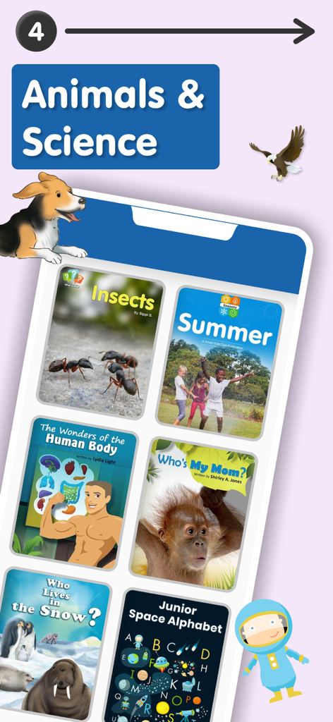 A selection of educational books about animals and science for children in the Early Learning Library app.
