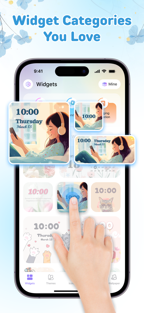 Ein Smartphone-Bildschirm, der verschiedene ästhetische Widget-Kategorien für die iOS-Anpassung anzeigt.