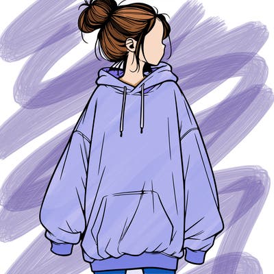 realistic girl with a oversized sweatshirt on and a bun