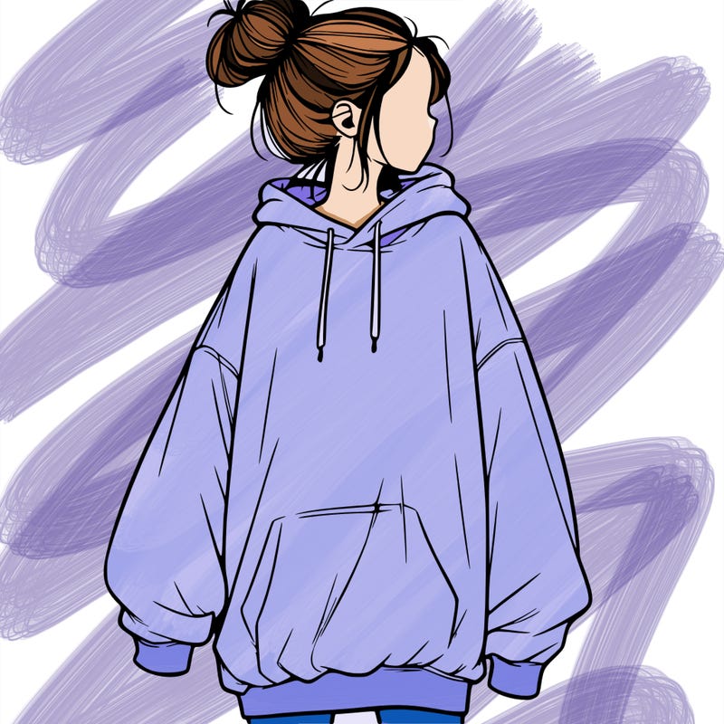 realistic girl with a oversized sweatshirt on and a bun