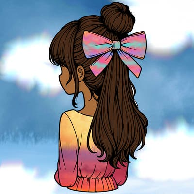 realistic girl  with hip length hair a bun and a big bow on the back of head