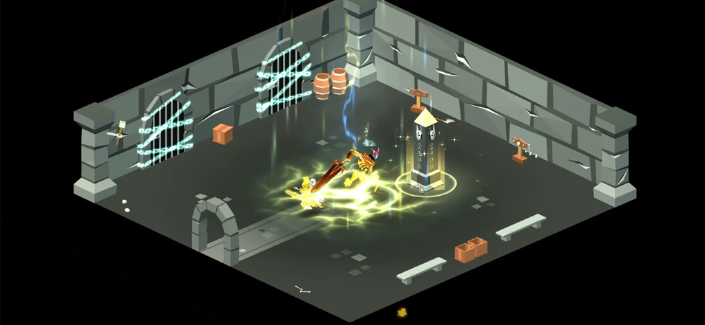 The Bonfire 2 Uncharted Shores - A character engages in a magical battle against a skeletal enemy in a dark stone dungeon.