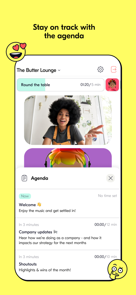 Butter: Virtual workshop tool - Interface of Butter virtual workshop tool displaying a meeting agenda and video call