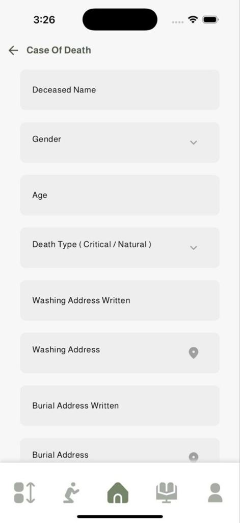 Rawda - Mobile app screen for Rawda showing a funeral service registration form with fields for deceased details and burial location.