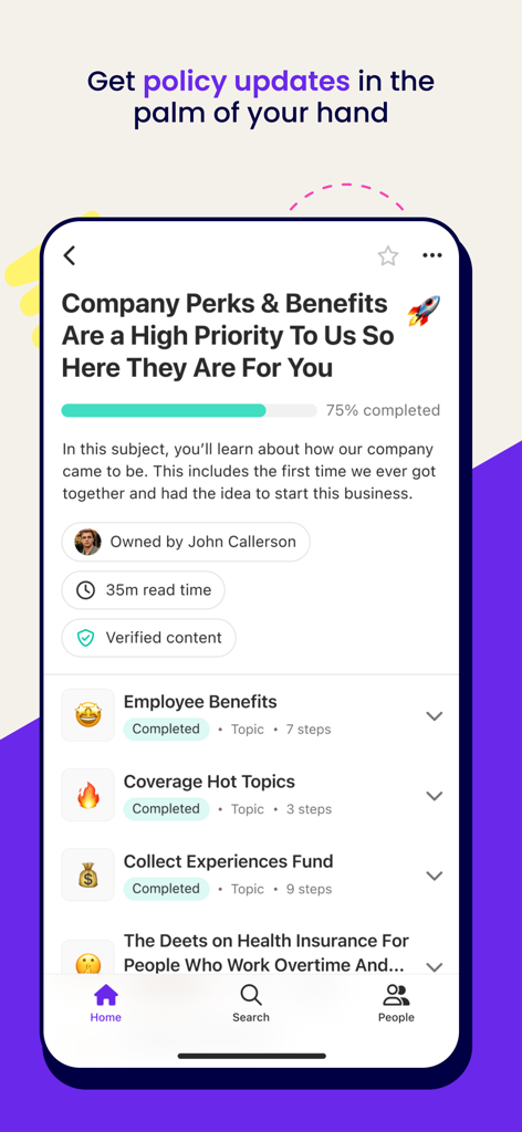 Trainual - Trainual app screen displaying company perks and policy updates