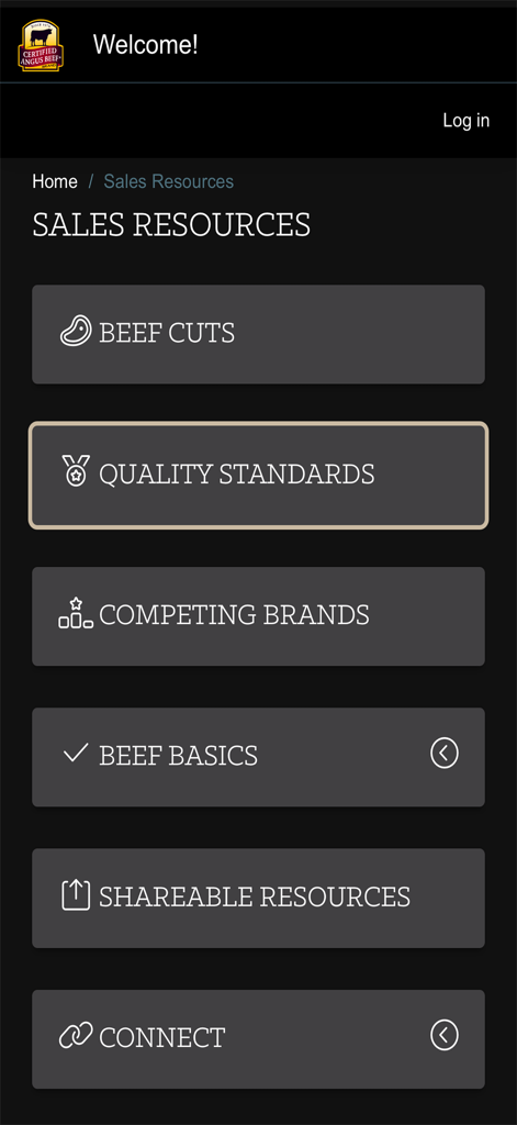 Brand Dashboard - Brand Dashboard app interface showing Sales Resources including beef cuts and quality standards