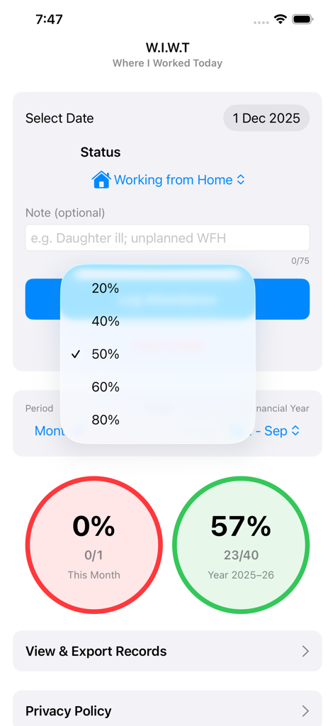 Interfaz de la aplicación móvil Dónde Trabajé Hoy que muestra el estado de teletrabajo y los gráficos de progreso de objetivos de asistencia