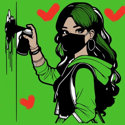 realistic girl with mask spray painting a wall