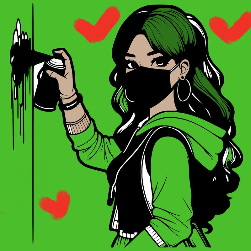 realistic girl with mask spray painting a wall