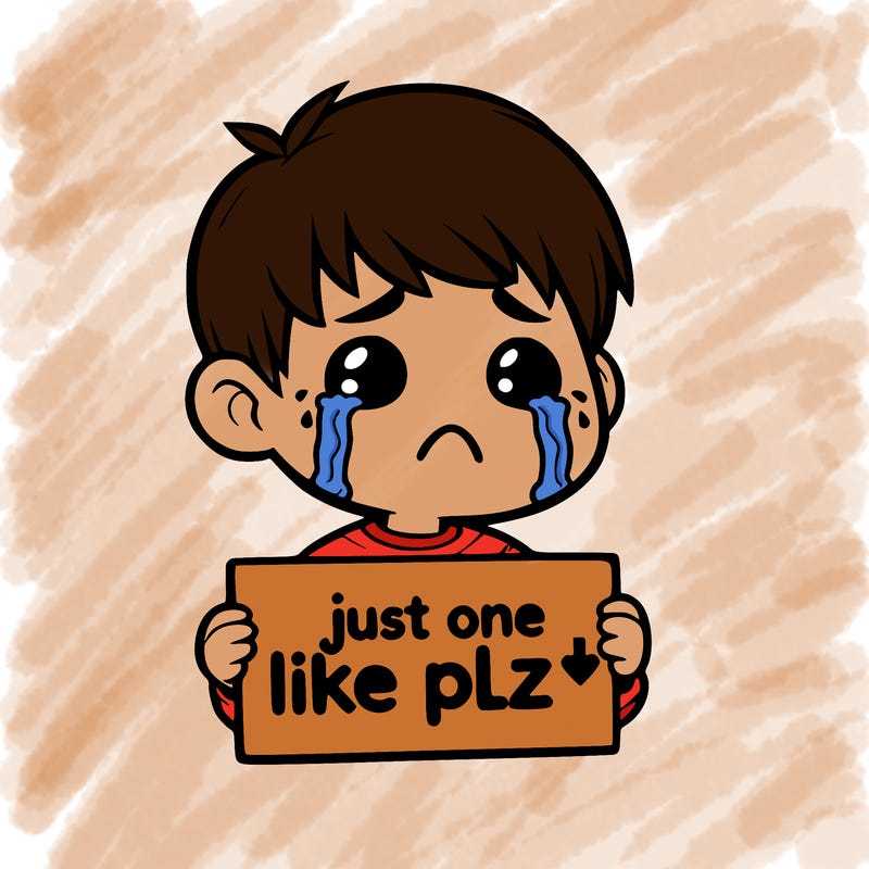 realistic crying boy with a sign saying just one like plz