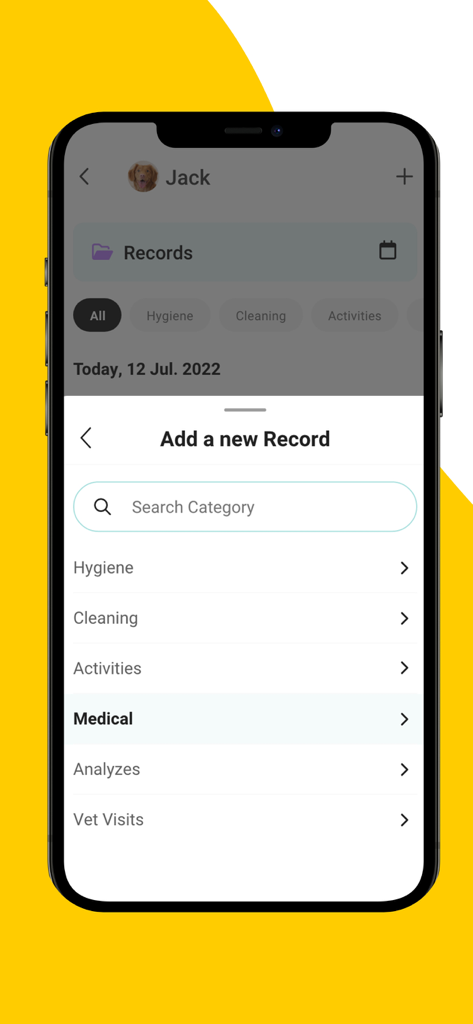 11pets: Pet Care - Interface of the 11pets app showing the screen to add a new health record for a pet named Jack with categories like Hygiene and Medical.