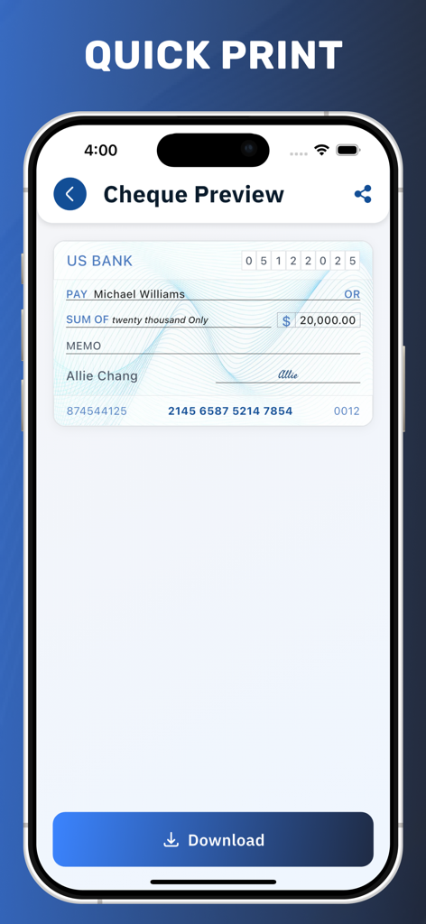 Cheque Writer & Printer - Mobile app interface showing a professional cheque preview with a digital signature ready for printing