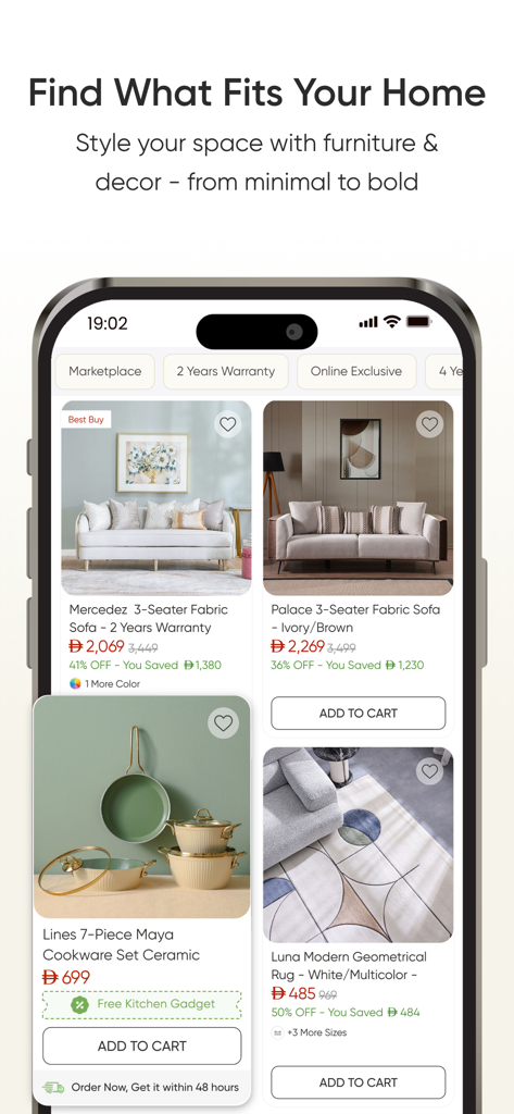 Danube Home - Danube Home app interface displaying a curated selection of sofas, cookware, and rugs with product details and prices.