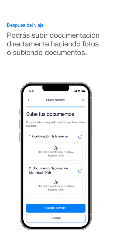 Intermundial - Intermundial app screen for uploading travel insurance claim documentation