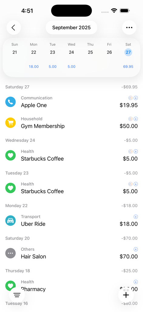 Flow: AI Expense Tracker - A chronological list of categorized expenses and a weekly calendar view in the Flow AI Expense Tracker app