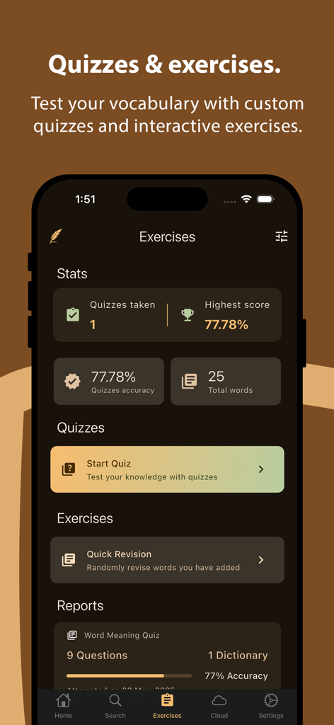 Interfaz de la app Crear Diccionario mostrando estadísticas de cuestionarios de vocabulario, opciones de ejercicios y un botón para iniciar el cuestionario.