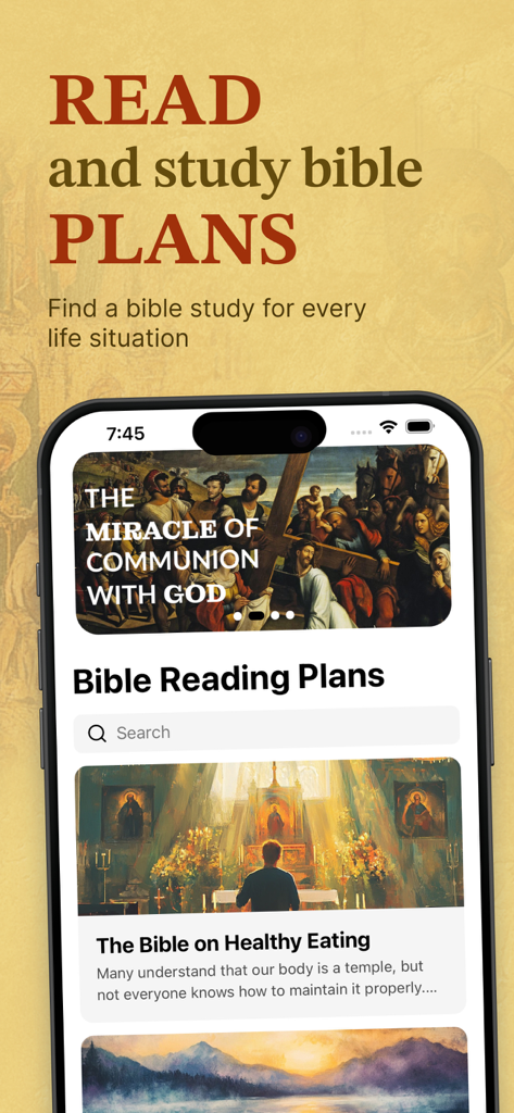 Eastern Orthodox Study Bible - A mobile app screen showing various Bible reading plans and study options for different life situations
