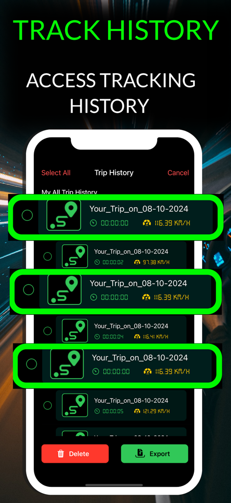 GPS Speedometer & MPH Odometer - Tela de histórico de viagens mostrando registros de condução gravados com informações de velocidade e data