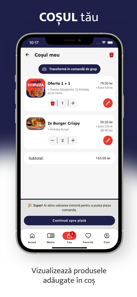 Napoleon - Carrito de compras de la app de comida de Napoleon mostrando artículos de pizza y hamburguesa con subtotal y botón de pago