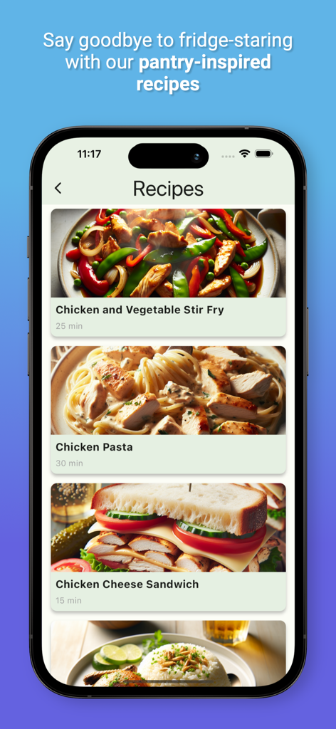 Mobile app interface of PantryChef showing recipes for chicken stir fry and pasta generated from pantry ingredients