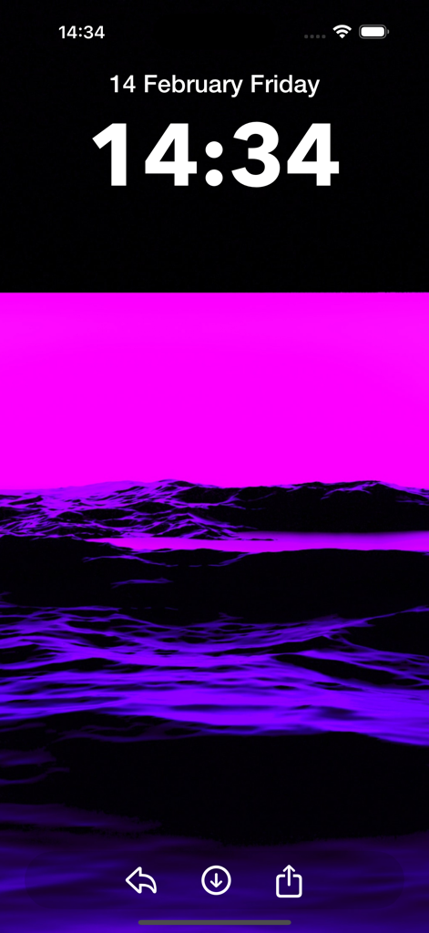 Walpium: Live Wallpapers 4K HD - ネオングリーンとピンクの山々が描かれた風景の壁紙、Walpiumアプリのロック画面プレビュー。