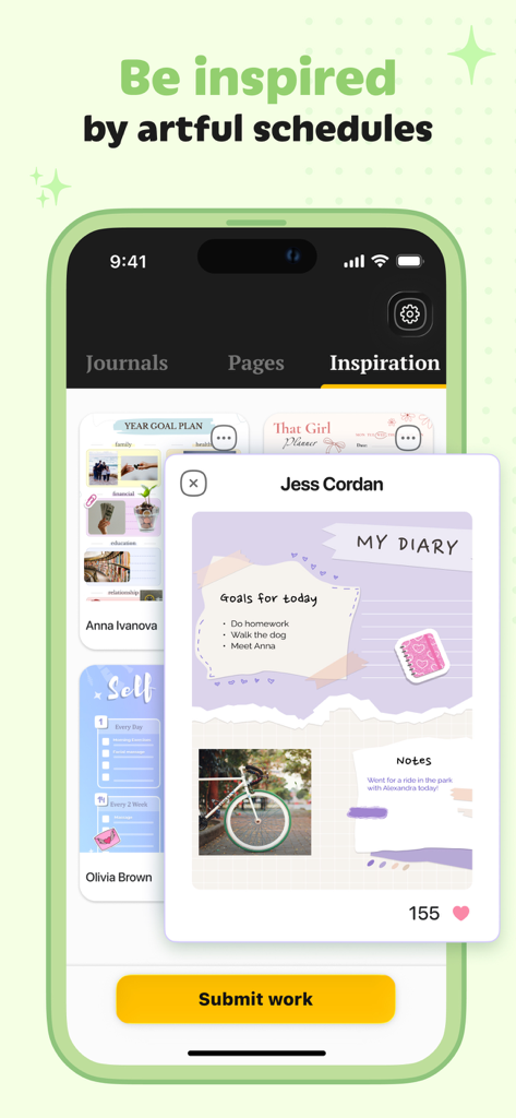 Inspiration gallery in the Digital Planner app featuring aesthetic diary and goal tracking pages.