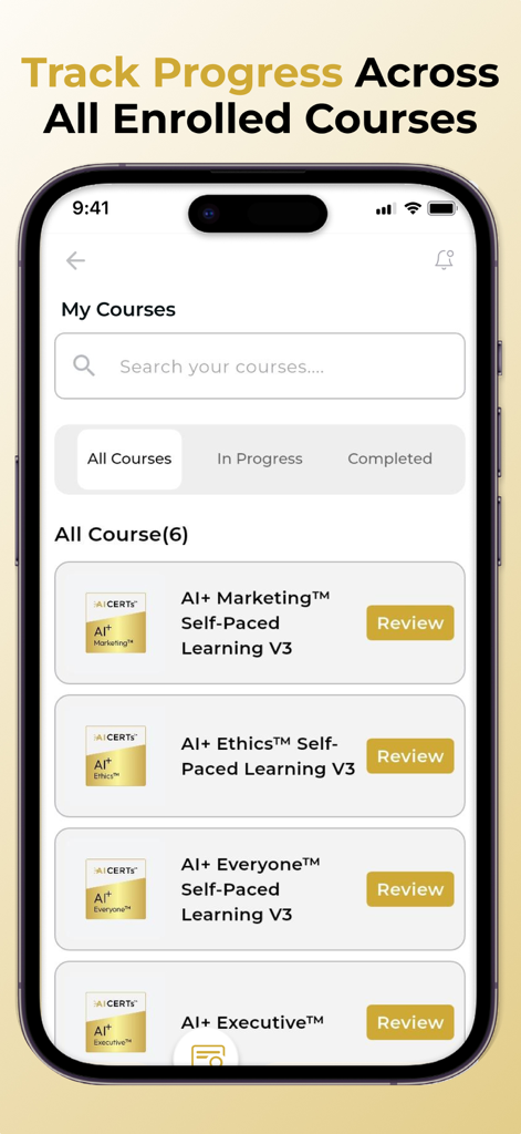 AI CERTs®: AI & Blockchain - Uma lista de cursos de IA e Blockchain inscritos no aplicativo AI CERTs mostrando o acompanhamento do progresso