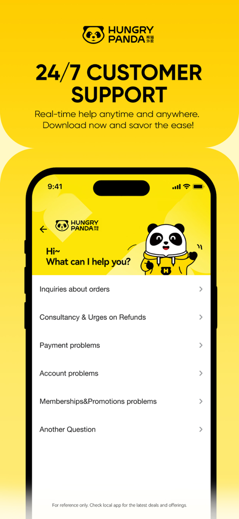 HungryPanda熊猫外卖 - Interfaz de la aplicación HungryPanda que muestra opciones de atención al cliente las 24 horas, los 7 días de la semana, para pedidos y reembolsos.