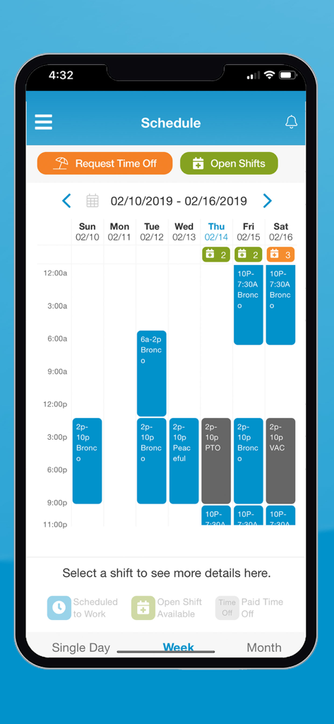 SmartLinx Go app weekly schedule view showing color coded work shifts and time off requests
