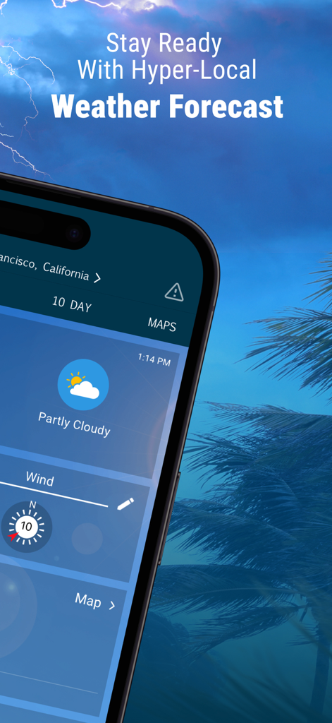 WeatherBug app interface showing hyper local weather forecast and wind data on an iPhone