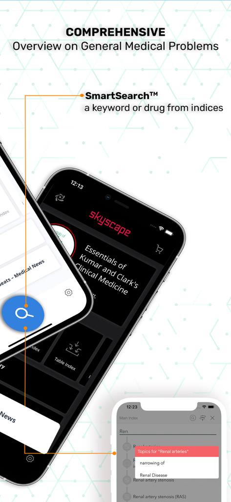 Recurso SmartSearch do aplicativo móvel Essentials Clinical Medicine para termos médicos