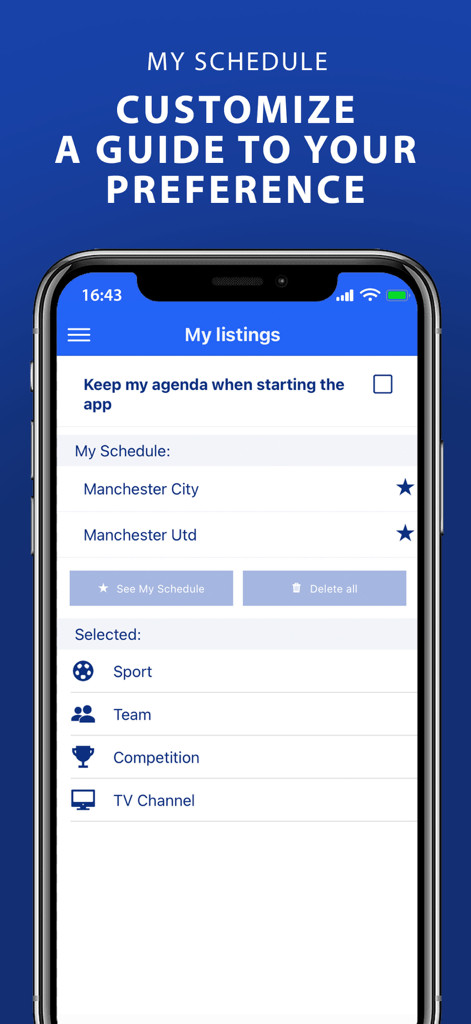 WOSTI Sports TV - The My Schedule customization screen in the WOSTI Sports TV app showing favorite teams and listing filters.