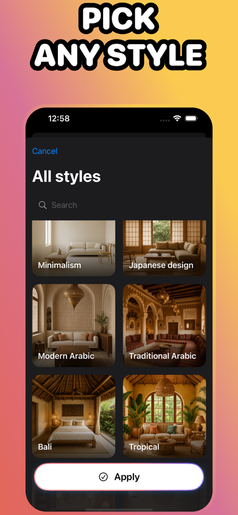 AI Home Design - DecorAI - A menu in the DecorAI app showing various interior design styles like Minimalism, Japanese design, and Tropical for room transformation.