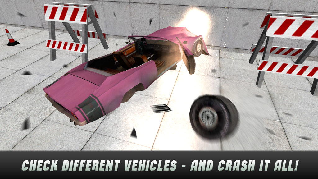 Extreme Car Crash Test Simulator 3D - A pink car crashing into a wall with a detached wheel and debris in a 3D physics simulator.