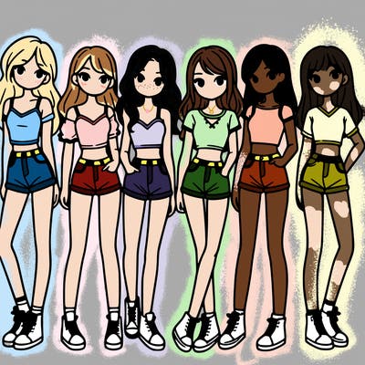 a group of girls wearing crop tops and shorts