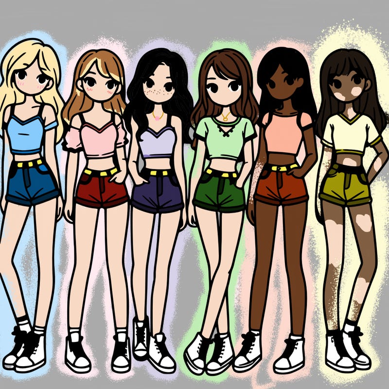 a group of girls wearing crop tops and shorts