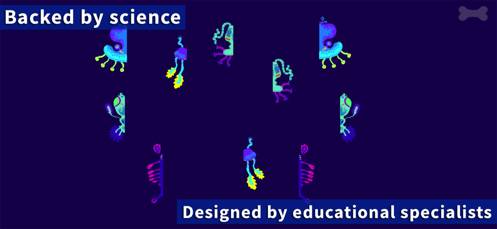 Lazuli 4+ - 科学に基づいたカリキュラムのテキストが暗い青色の背景に表示された、ラズリ 4プラスアプリの教育的なマッチングゲーム