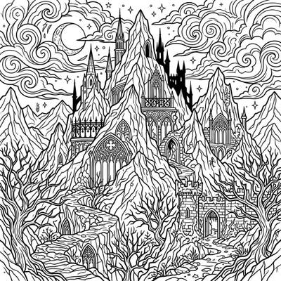 Journey to a realm where towering mountains meet eerie gothic architecture in this captivating coloring page. Designed for teens, it offers intricate details and a mysterious aesthetic to bring to life with your favorite colors.