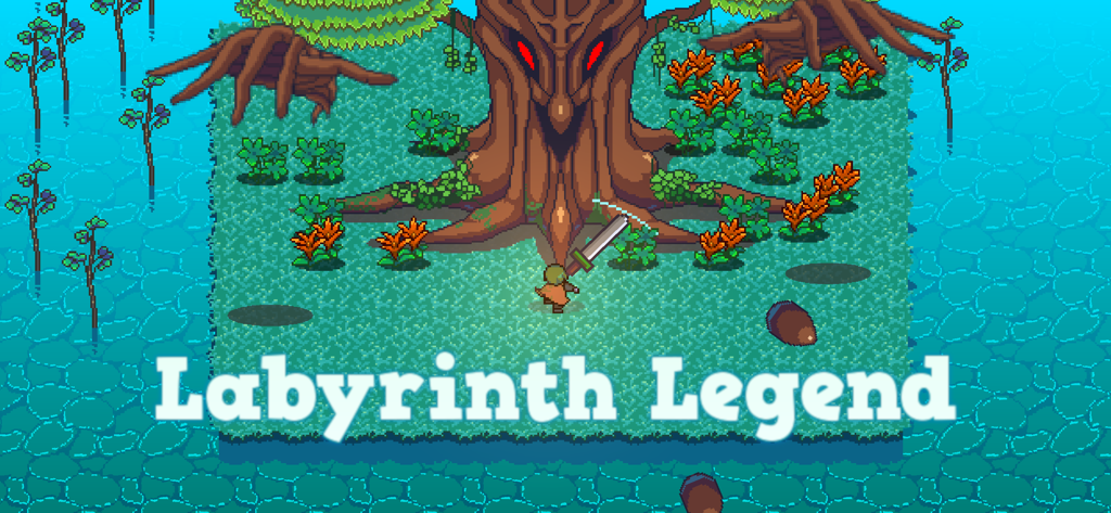 Labyrinth Legend - A pixel art scene from Labyrinth Legend showing a hero with a sword facing a giant menacing tree with red eyes