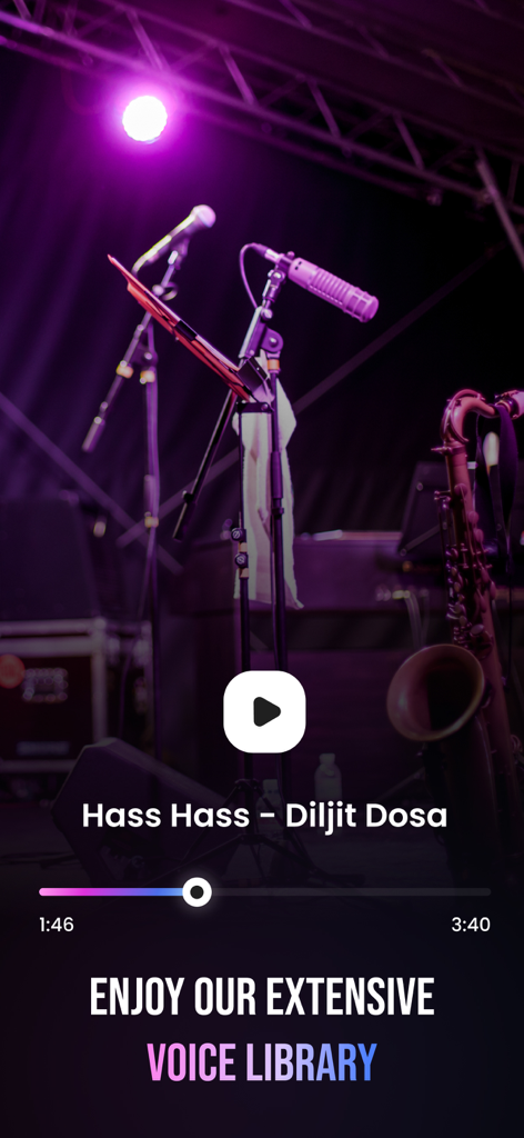 DJ Whisk AI - Make Mashup Song - DJ Whisk AI app music player interface showing a song playback screen with voice library text