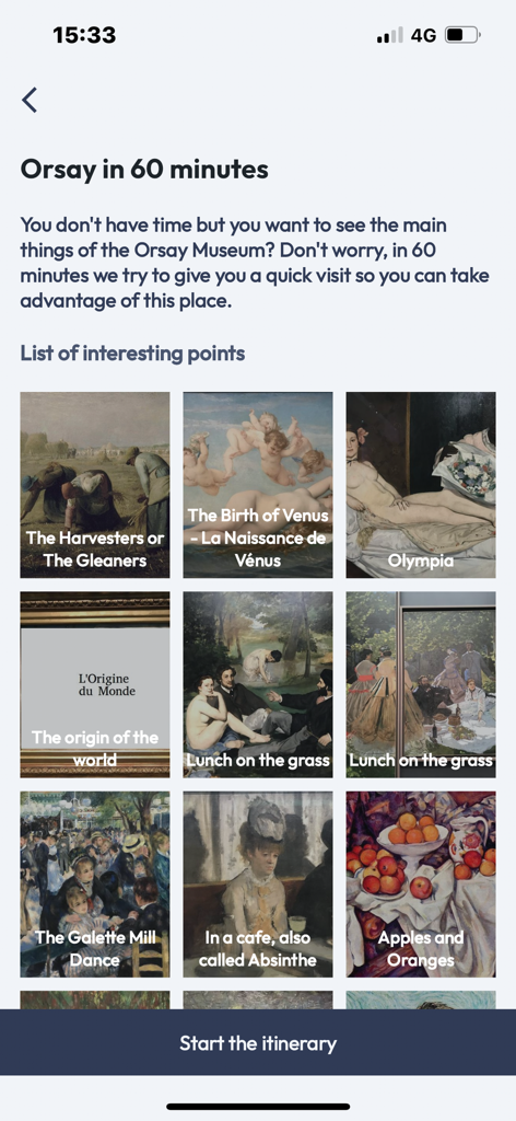 Écran de l'application Visite et Guide d'Orsay montrant un parcours de 60 minutes avec des icônes de peintures célèbres