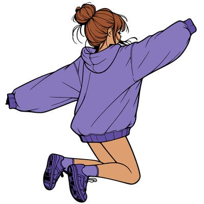 realistic girl jumping with a bun and oversized sweatshirt