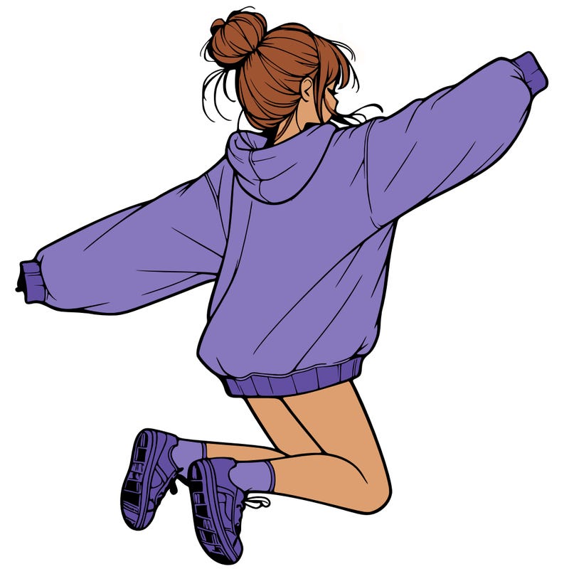 realistic girl jumping with a bun and oversized sweatshirt