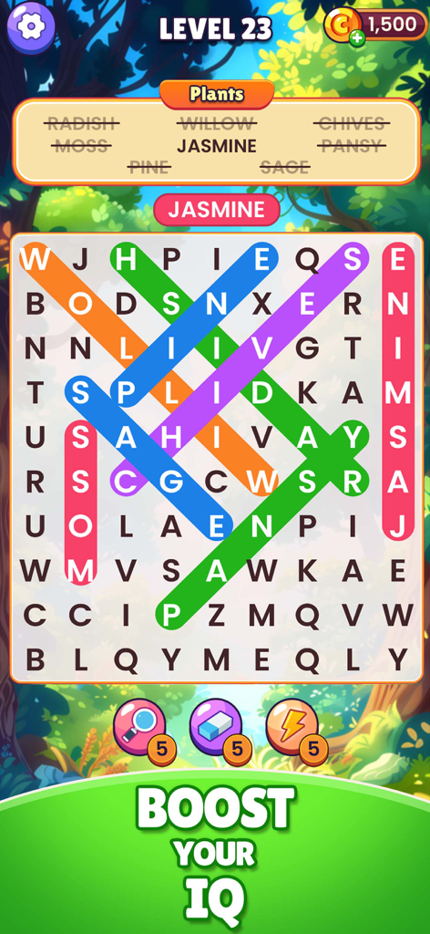 WordSearch Find Infinite Words - A word search game screen with a plant-themed puzzle and colorful word highlights on a forest background.