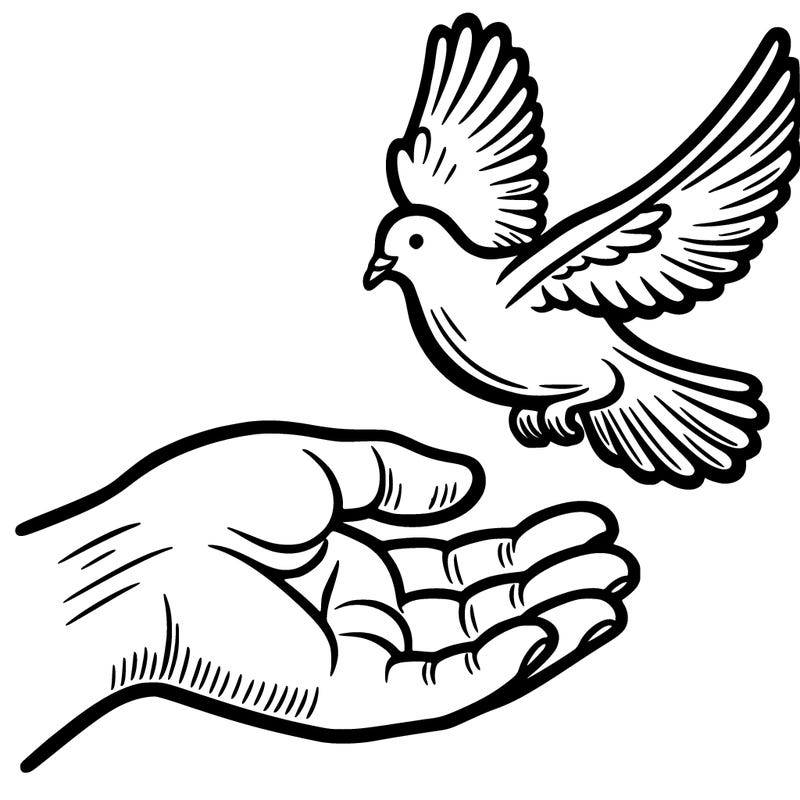 a hand reaching out for a dove
