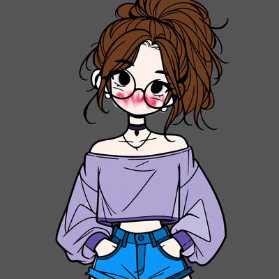 girl with a messy ponytail glasses a baggy crop top and jean shorts