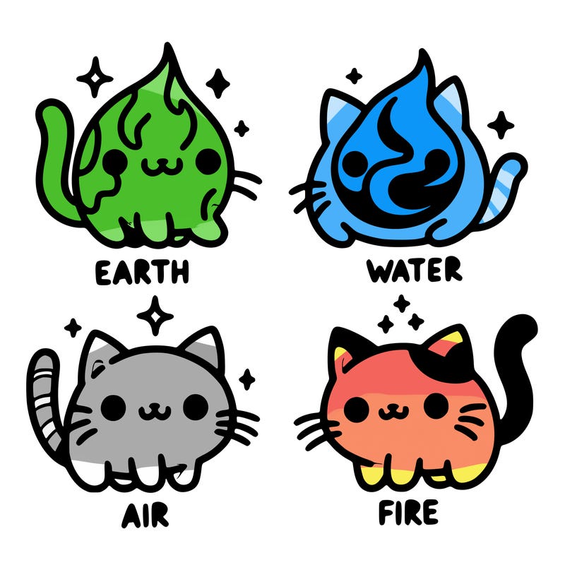 4 cats that represent the different elements, earth, water, air, and fire