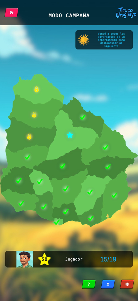 Pantalla del modo campaña que muestra un mapa de Uruguay con departamentos desbloqueados y bloqueados en la app de juego Truco Uruguayo